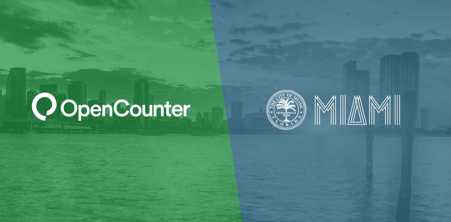 Photo of Miami, Florida with overlay images of OpenCounter logo and Miami logo